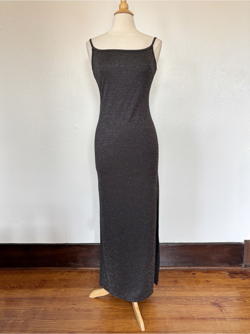 Vintage 90s Black + Silver Glitter Full Length Sleeveless Prom Dress